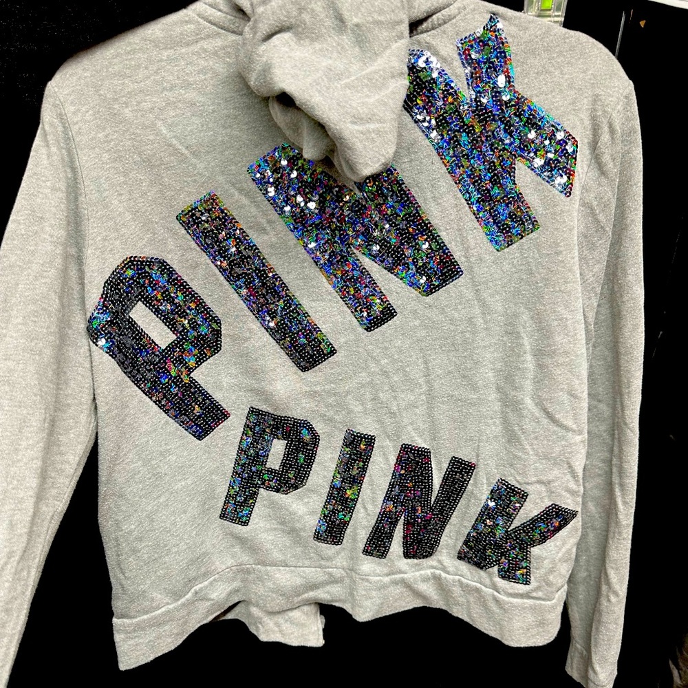 PINK gray lightweight zip hoodie with sequin holographic logo on back.